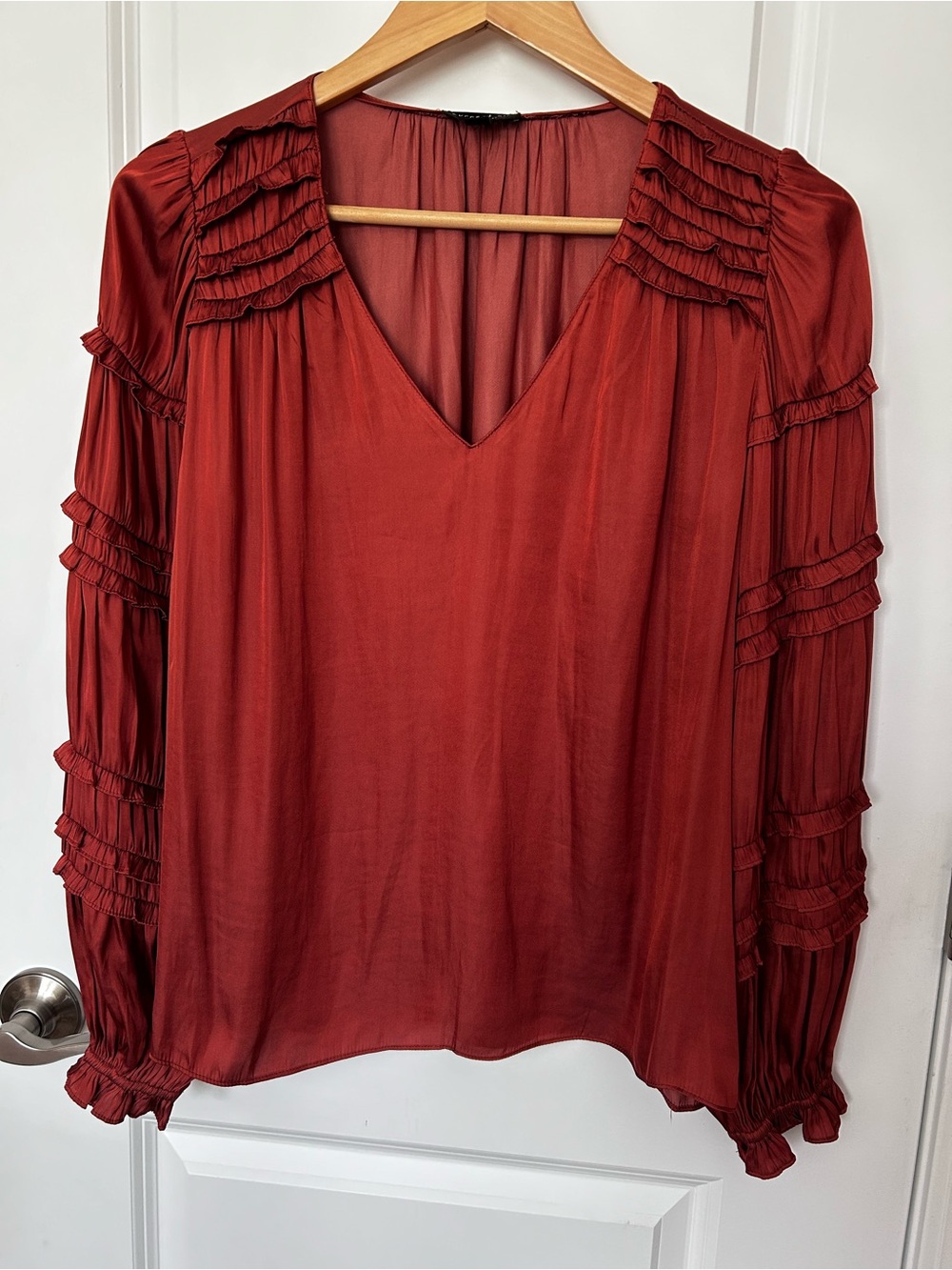 Current Air Ruffled V-Neck Blouse in Rust Red